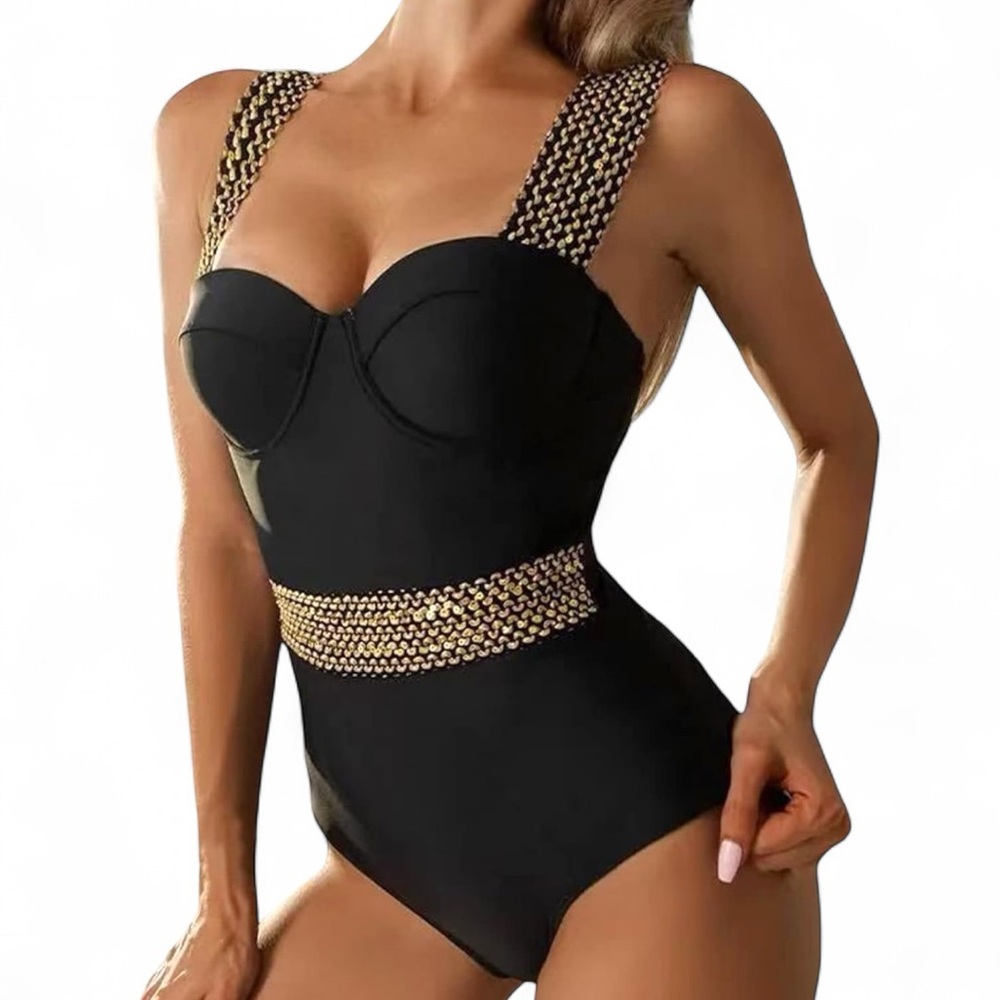 SHEIN Black Push-Up One Piece Swimsuit L Tummy Control Gold Chain Detail NWOT